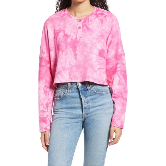 BP Long Sleeve Henley Tie-Dye Cropped Top - Picture 1 of 4